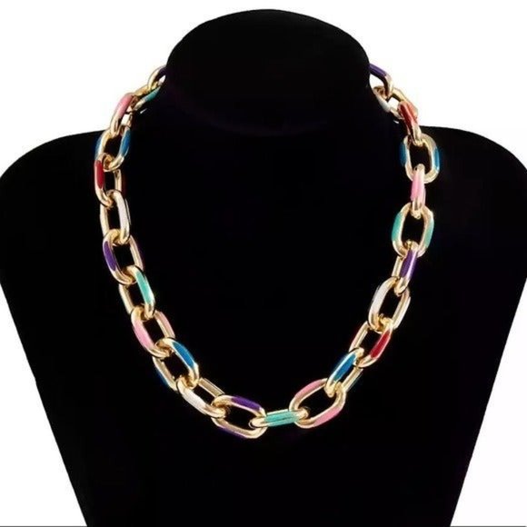 COPY - Necklace & Bracelet set chain gold rainbow retro boho bohemian multicolo… - Picture 1 of 10